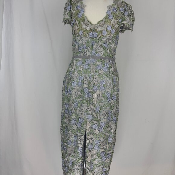 Marchesa Notte Ice Bell Bloom Sheath Crochet Overlay Dress Muted Blue 6 Small - Picture 8 of 16